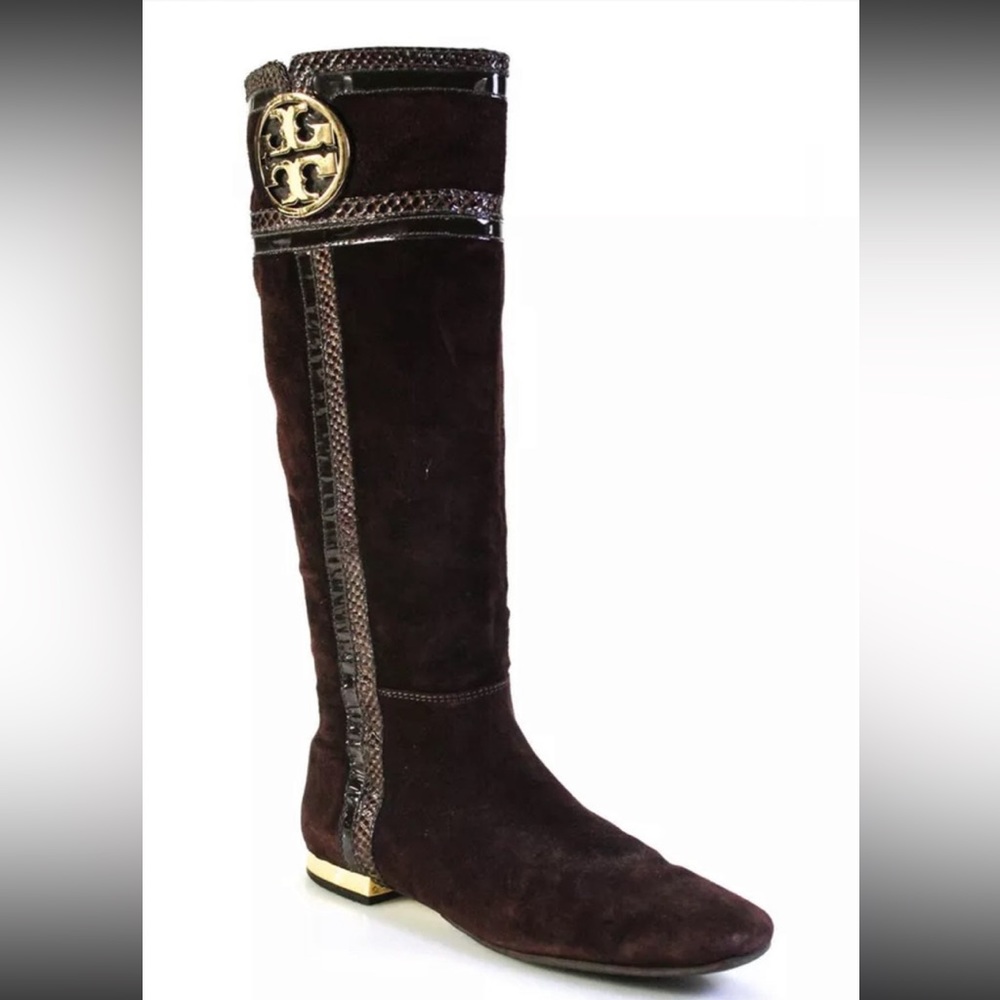Tory Burch brown suede leather gold logo boots 7.5